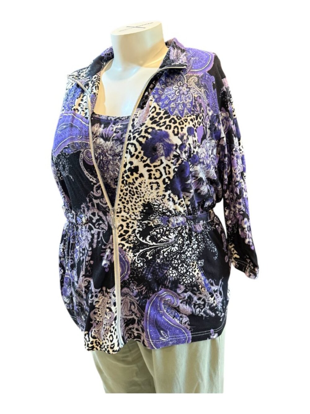 Onque Woman 2X Purple Abstract Pattern 3/4 Slv Full Zip Light Jacket & Top Set - Picture 3 of 10